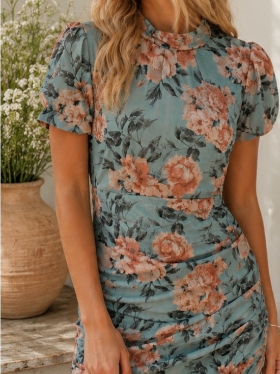 It it Dresses & Skirts - High-Neck Floral Midi Dress in Teal and Peach